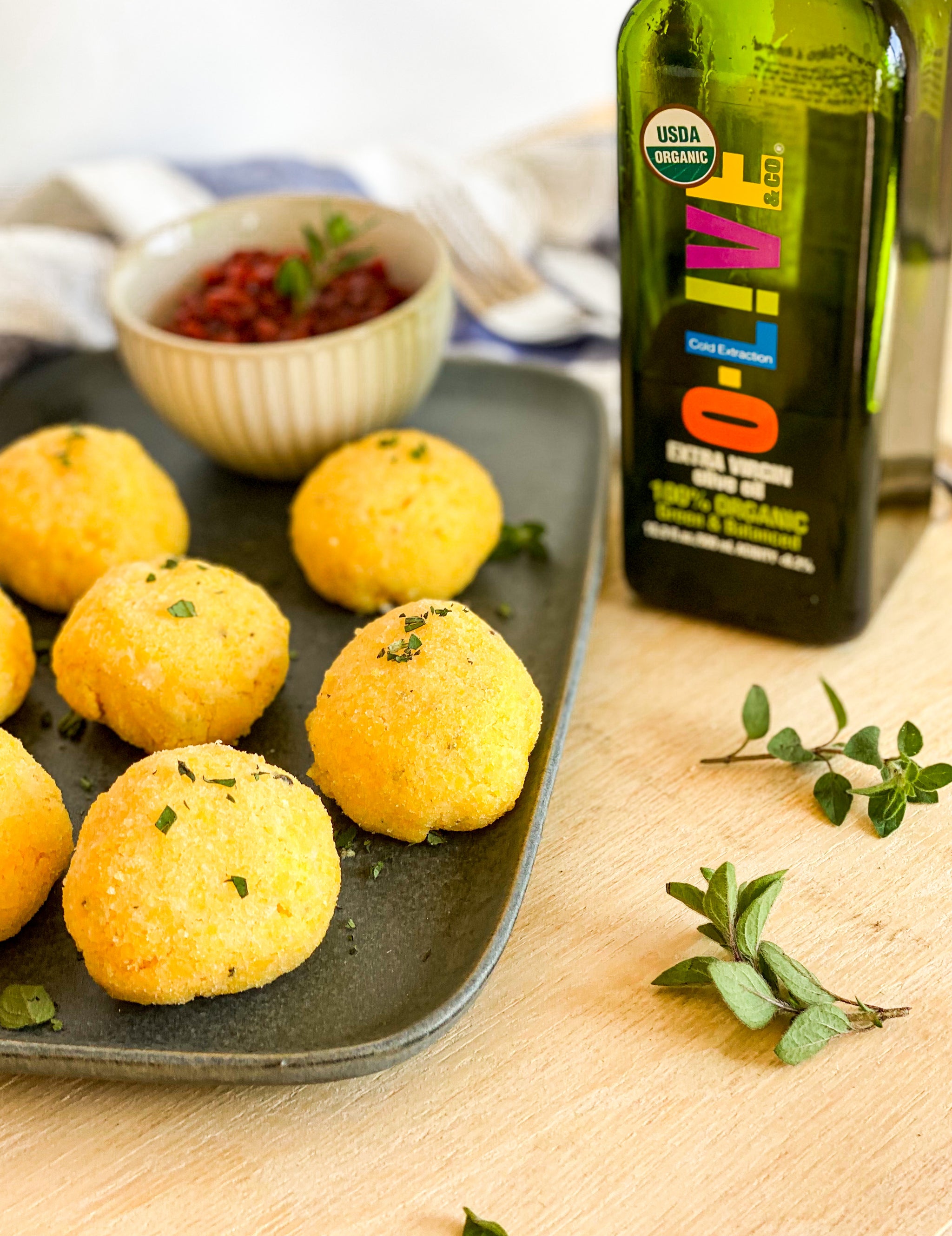 Air-Fried Polenta Bites with Herbed Ricotta and Tomato Jam by @confinemnt_kitchn